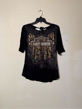 Harley-Davidson Black Short Sleeve Top with Gold Foil Crest